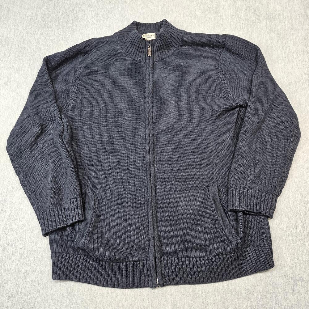 L.L.Bean Sweater Mens XL Tall Navy Blue Full Zip Cotton Cardigan Mock Neck Knit